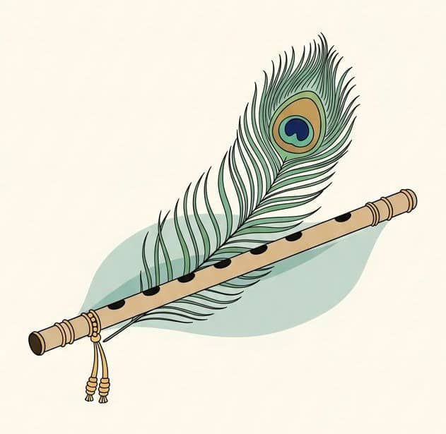 Line drawing of a bamboo flute crossed with a peacock feather